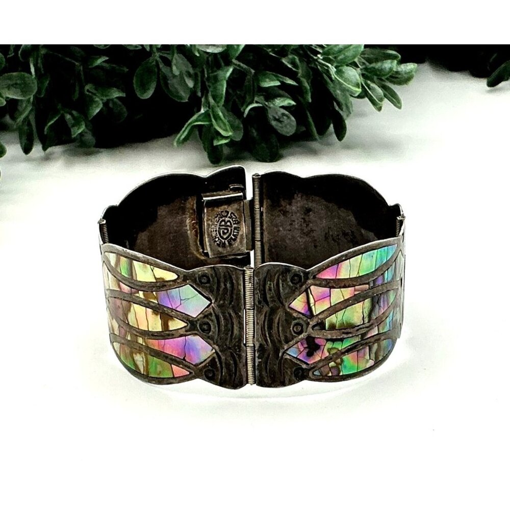 Vintage Mexican Sterling Silver Abalone Inlay Hinged Bracelet